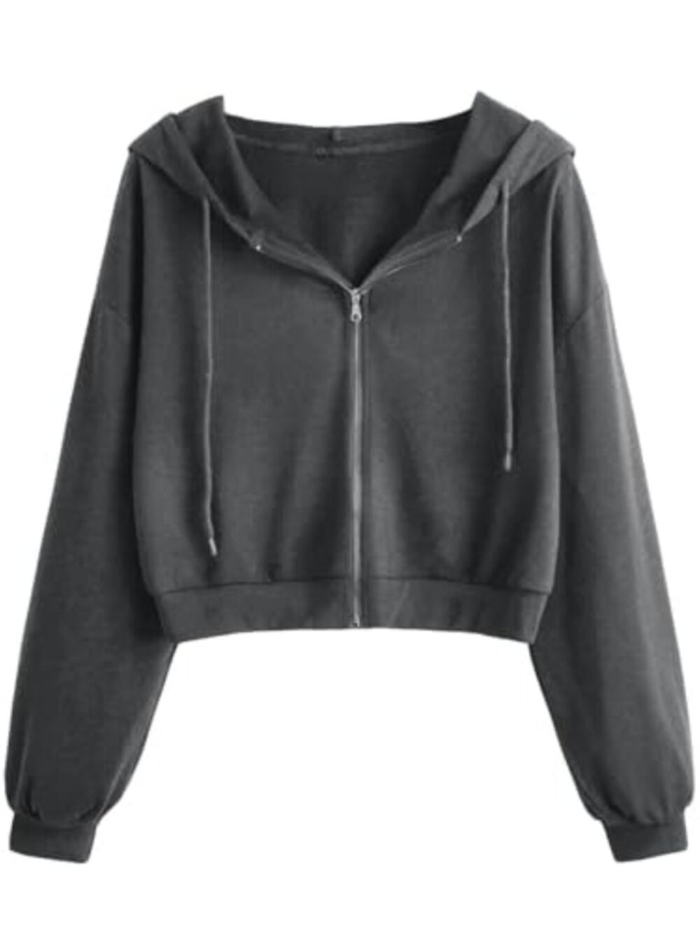 Cropped Zip Up Hoodie Sweatshirt Loose Fit Long Sleeve Drawstring Women